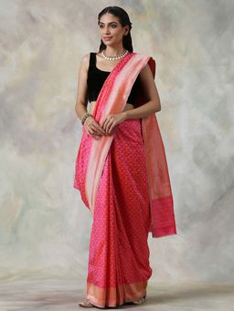 WeaverStory - Handloom Pink And Orange Banarasi Saree With Unstitched Blouse