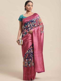 Silk Land - Pure Silk Digital Print Saree with Unstiched Blouse Piece Navy Blue & Magenta