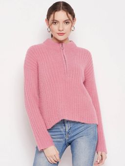 Madame - Ribbed Pink Mandarin Collar Sweater for Women