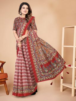 Shrithi Fashion Fab - Women New Designer KalamKari Printed Cotton Blend Saree with Unstitched Blouse