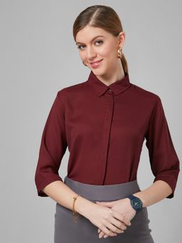 Style Quotient - Women Solid Maroon Polymoss Regular Formal Shirt