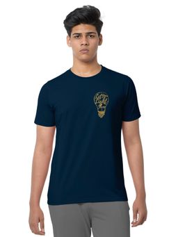 BULLMER - Petrol Blue Trendy Printed Typographic Cotton Blend Round Neck Half Sleeve T-Shirt