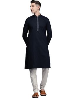 Manyavar - Men'S Navy Blue Cotton Festive Wear Kurta with Pencil Pajama (Set of 2)