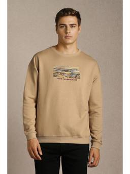 Louis Philippe - Men Casual Beige Embroidered Sweatshirt