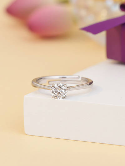 925 Silver 1 Carat American Diamond Solitaire Adjustable Ring for Women & Girls