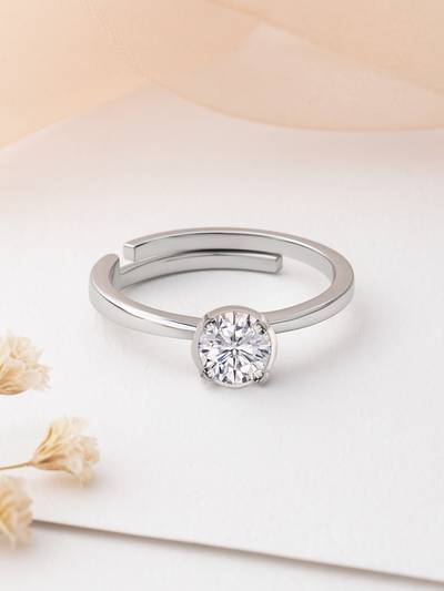 925 Silver 1 Carat American Diamond Adjustable Solitaire Ring For Women & Girls