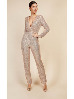Little Mistress - Gold Sequin Mock Wrap Jumpsuit