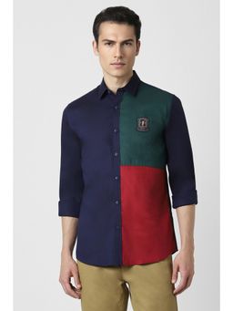 Peter England - Men Navy Blue Slim Fit Colorblock Collar Neck Casual Shirt