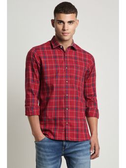 Peter England - Men Red Slim Fit Checks Collar Neck Casual Shirt