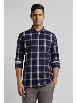 Peter England - Men Navy Blue Slim Fit Checks Collar Neck Casual Shirt