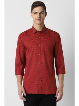Peter England - Men Red Slim Fit Printed Collar Neck Casual Shirt
