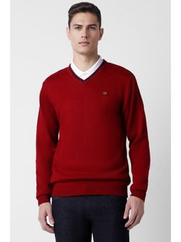 Peter England - Men Red Regular Fit Solid V-Neck Sweater
