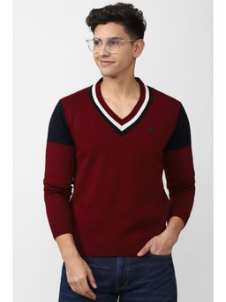 Peter England - Men Maroon Regular Fit Colorblock V-Neck Sweater