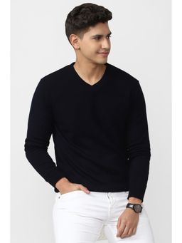 Peter England - Men Navy Blue Regular Fit Solid V-Neck Sweater