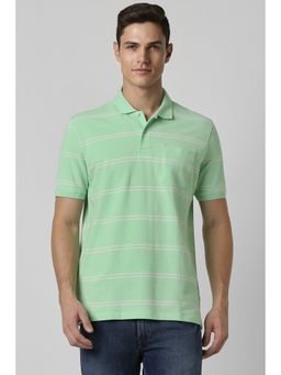 Peter England - Men Green Regular Fit Stripes Collar Neck Polo T-Shirt