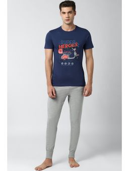 Peter England - Men Navy Blue Regular Fit Graphic Round Neck Co-Ord (Set of 2)