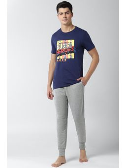 Peter England - Men Blue Regular Fit Graphic Round Neck Co-Ord (Set of 2)
