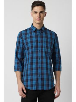 Peter England - Men Blue Slim Fit Checks Collar Neck Casual Shirt