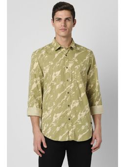 Peter England - Men Olive Slim Fit Printed Collar Neck Casual Shirt