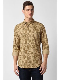Peter England - Men Beige Slim Fit Printed Collar Neck Casual Shirt