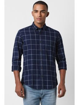 Peter England - Men Navy Blue Slim Fit Checks Collar Neck Casual Shirt