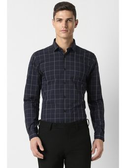 Peter England - Men Navy Blue Super Slim Fit Checks Collar Neck Formal Shirt