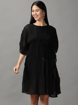 SHOWOFF - Womens Round Neck Knee Length Black Solid Dress