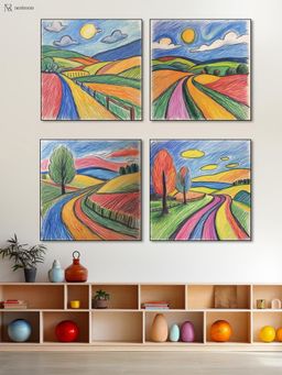 Nestroots - Serene Path Through Lush Kids Room Wall Painting with Black Floating Frame (Pack of 4)