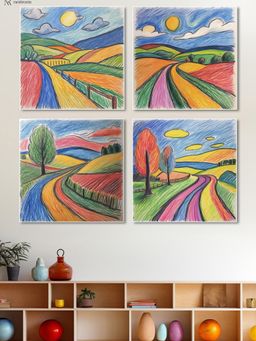 Nestroots - Serene Path Through Lush Kids Room Wall Painting with White Floating Frame (Pack of 4)