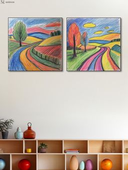 Nestroots - Crayon Hand Drawn Canvas Kids Room Wall Painting with Black Floating Frame (Pack of 2)