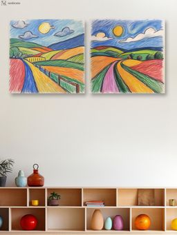 Nestroots - Crayon Hand Drawn Canvas Kids Room Wall Painting - Multi-Color Stretch (Pack of 2)