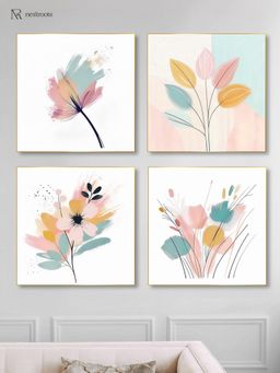 Nestroots - Elegant Blooming Flowers Painting with Gold Floating Frame (Pack of 4)