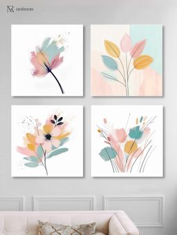 Nestroots - Elegant Blooming Flowers Painting with White Floating Frame (Pack of 4)