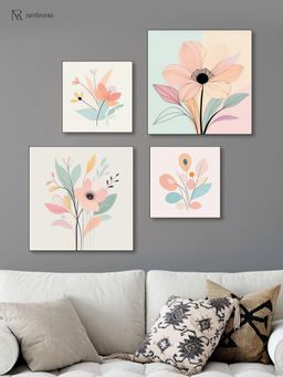 Nestroots - Sophisticated Floral Art Quartet Wall Painting with Black Floating Frame (Pack of 4)