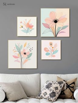 Nestroots - Sophisticated Floral Art Quartet Canvas Wall Painting with Gold Floating Frame (Pack of 4)