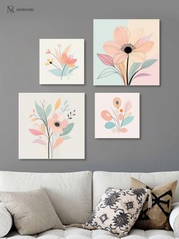Nestroots - Sophisticated Floral Art Quartet Wall Painting with White Floating Frame (Pack of 4)