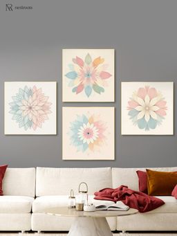 Nestroots - Harmonious Floral Beauty On Beige Canvas Painting with Gold Floating Frame (Pack of 4)