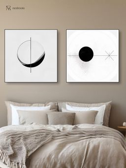 Nestroots - Modern Black and White Circles Canvas Wall Painting with Black Floating Frame (Pack of 2)