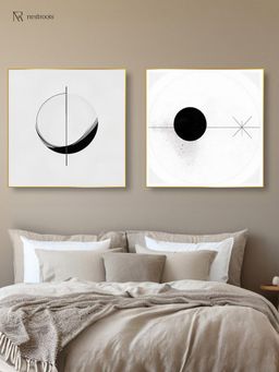 Nestroots - Modern Black and White Circles Canvas Wall Painting with Gold Floating Frame (Pack of 2)