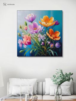 Nestroots - Vibrant Flowers On Blue Canvas Printed Wall Painting with Black Floating Frame