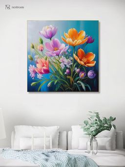 Nestroots - Vibrant Flowers On Blue Canvas Printed Wall Painting with Gold Floating Frame