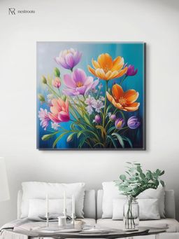 Nestroots - Vibrant Flowers On Blue Canvas Printed Wall Painting - Multi-Color Stretch