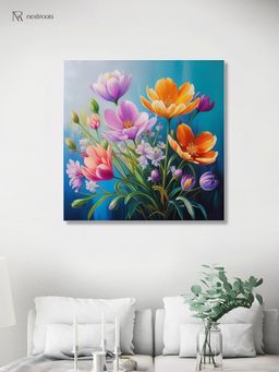 Nestroots - Vibrant Flowers On Blue Canvas Printed Wall Painting with White Floating Frame