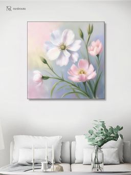 Nestroots - Delicate Pink and White Blooms Canvas Printed Wall Painting with Black Floating Frame