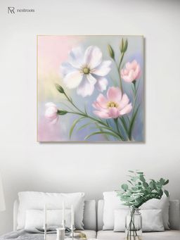 Nestroots - Delicate Pink and White Blooms Canvas Printed Wall Painting with Gold Floating Frame