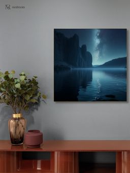Nestroots - Tranquil Lakeside Night Sky Canvas Printed Wall Painting with Gold Floating Frame