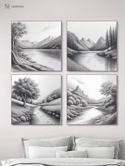 Nestroots - Serene River & Tree Art Canvas Wall Painting with Black Floating Frame (Pack of 4)