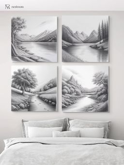 Nestroots - Serene River and Tree Art Canvas Printed Wall Painting - Multi-Color Stretch (Pack of 4)