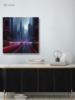 Nestroots - Neon Cityscape Canvas Art Print Printed Wall Painting with White Floating Frame