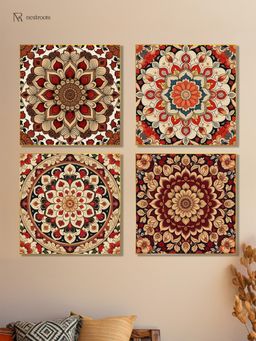 Nestroots - Vibrant Floral Art Collection Wall Painting with Gold Floating Frame (Pack of 4)